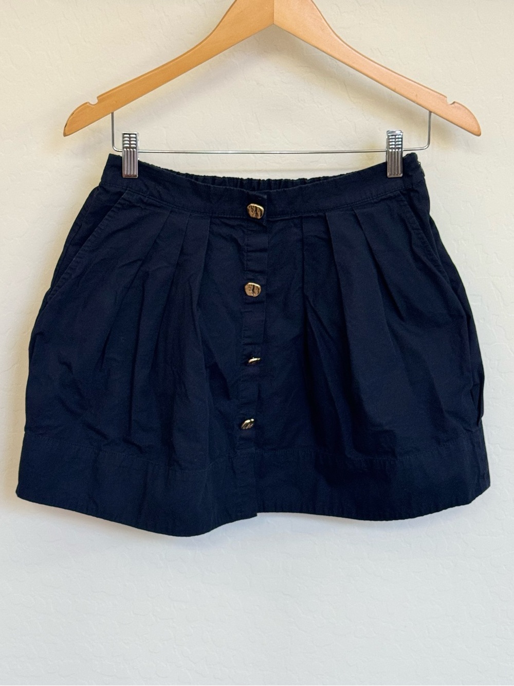 By Anthropologie Button-Front Pleated Bubble Mini Skirt Navy Gold Buttons Small